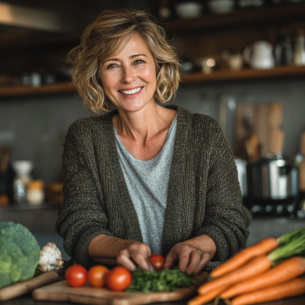 Middle-aged woman in her 50s smiling warmly while preparing fresh vegetables in a bright modern kitchen, showing healthy lifestyle and nutrition planning