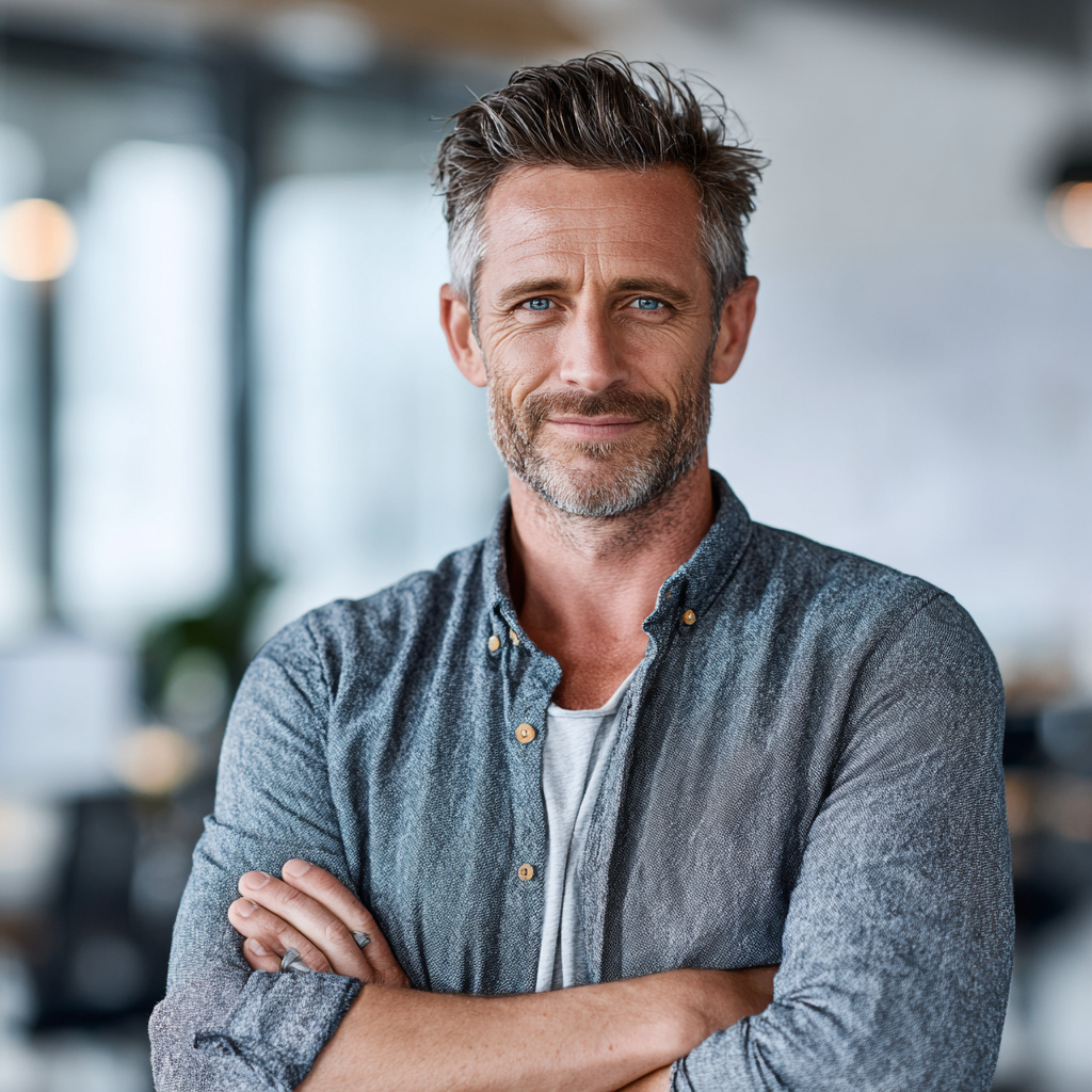 Professional-looking man in his early 40s confidently standing in a bright office environment, representing successful healthy lifestyle transformation and wellness achievement